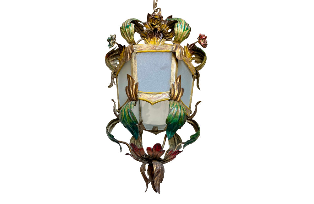 Pretty, early 20th century Italian polychrome hanging lantern with tole floral and foliate ornamentation and opaque glass panels