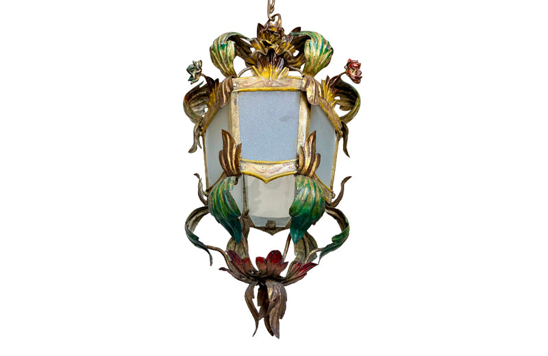 Pretty, early 20th century Italian polychrome hanging lantern with tole floral and foliate ornamentation and opaque glass panels