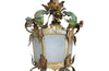 Pretty, early 20th century Italian polychrome hanging lantern with tole floral and foliate ornamentation and opaque glass panels