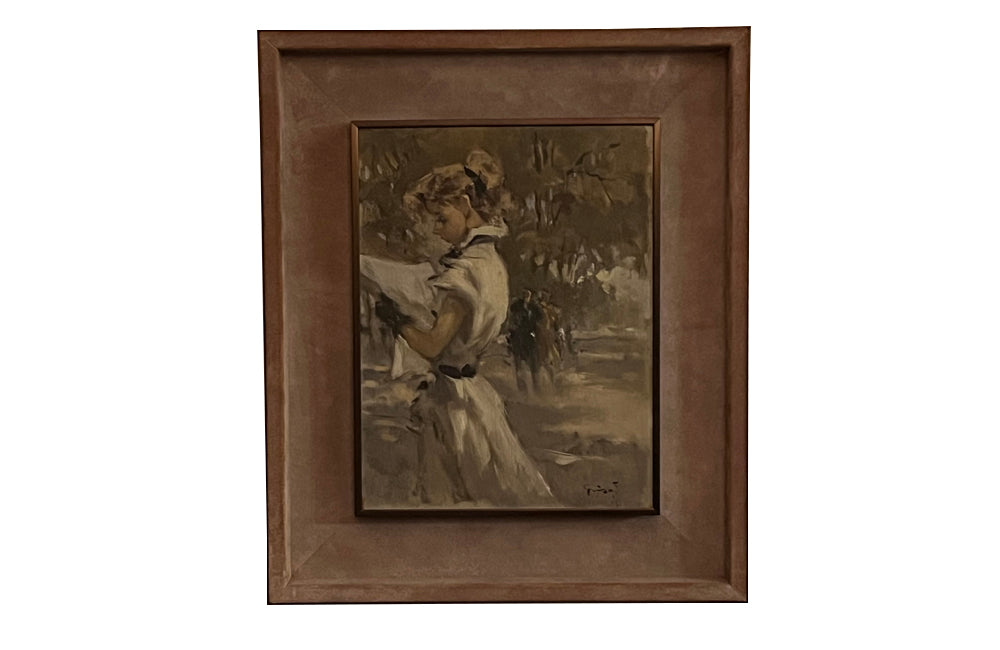 Young Parisian Woman Reading framed oil on board signed the artist Pierre Grisot to the lower right - Vintage oil painting