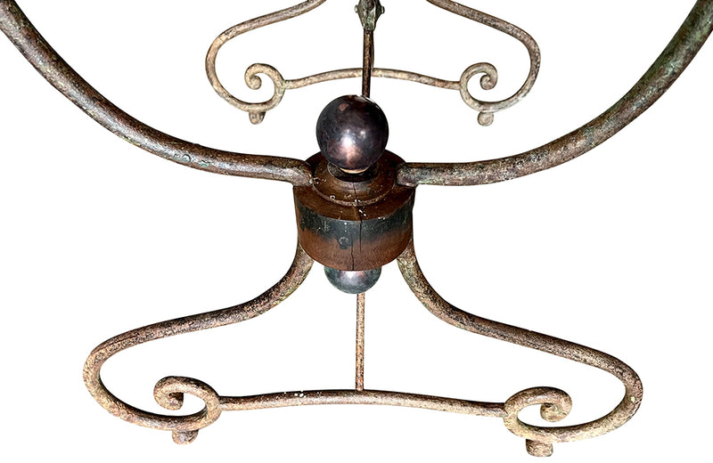 19th Century, French boucherie, or patisserie, presentation iron base table with curved legs and wooden turned blocks with brass ball finials