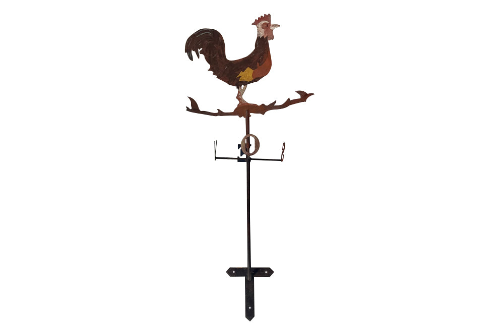 Painted 20th century iron rooster windvane, from an old French girouette makers atelier.