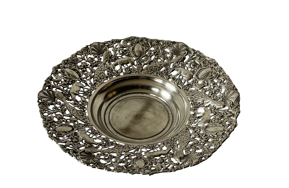 Beautiful mid 20th century large silver plate pierced decorative round tray dish. 