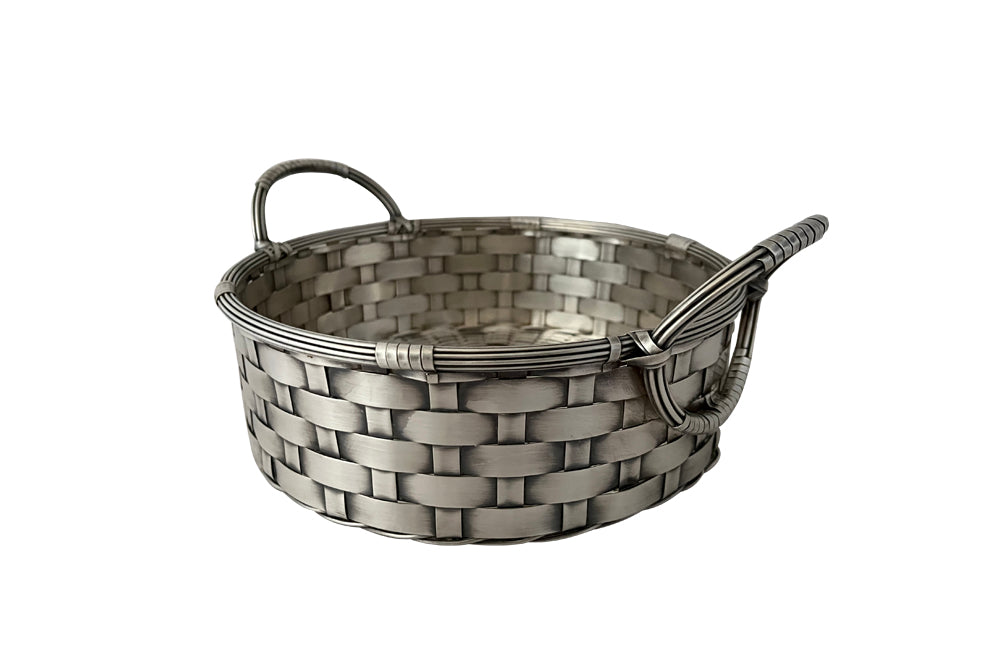 20th century elegant round French silver plate woven basket with handles. 