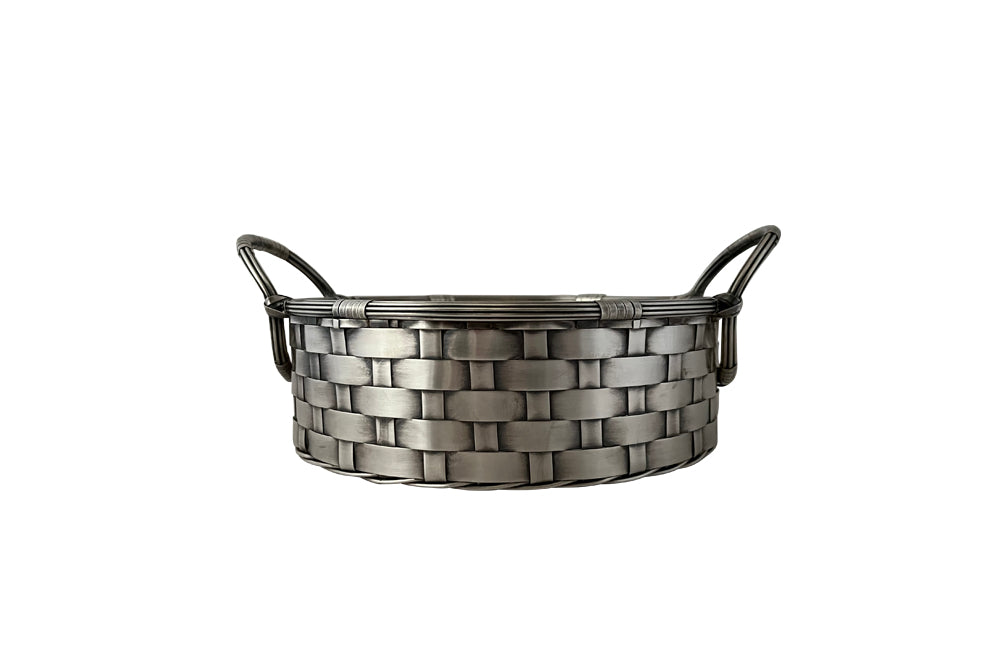 20th century elegant round French silver plate woven basket with handles. 