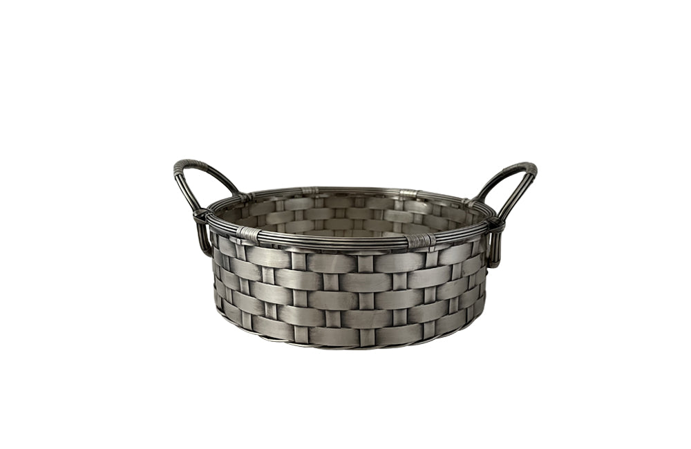 20th century elegant round French silver plate woven basket with handles. 
