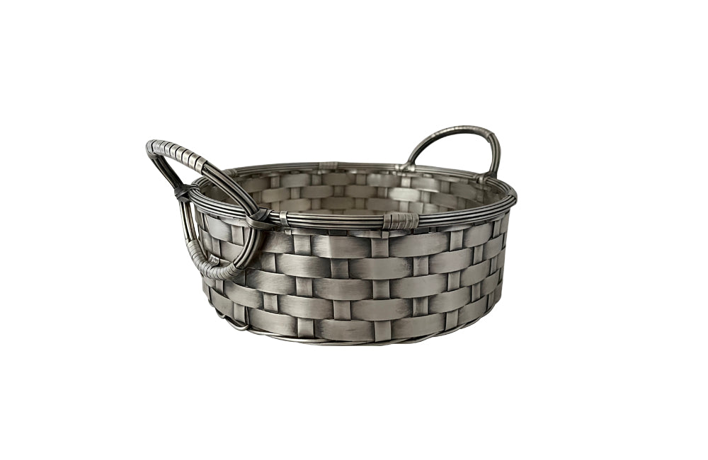 20th century elegant round French silver plate woven basket with handles. 