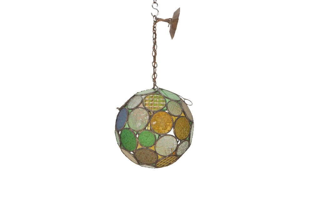 20th Century Moroccan round segmented pressed coloured glass hanging light.
