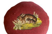 Charming cushion fashioned from a 19th Century French handstitched needlepoint depicting a rabbit and kit.