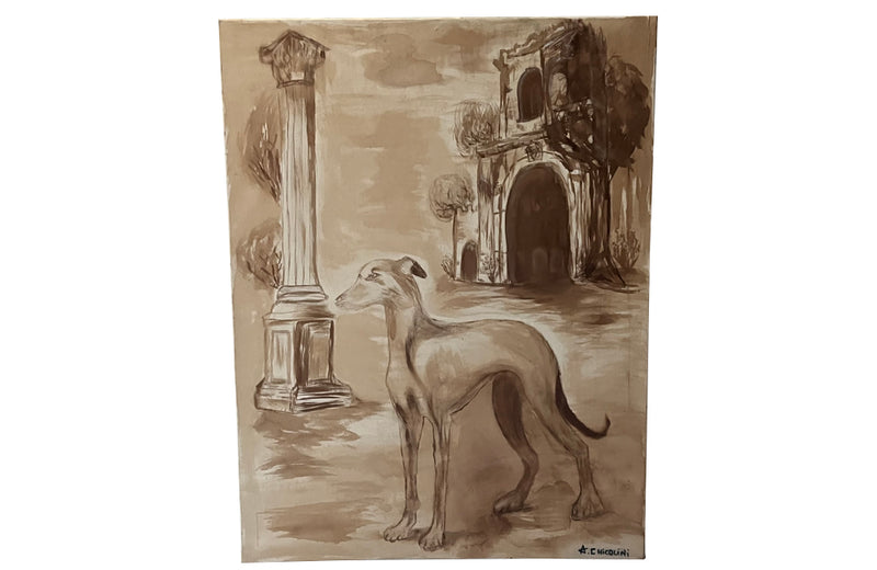 Large, Italian painting in sepia of a greyhound dog.