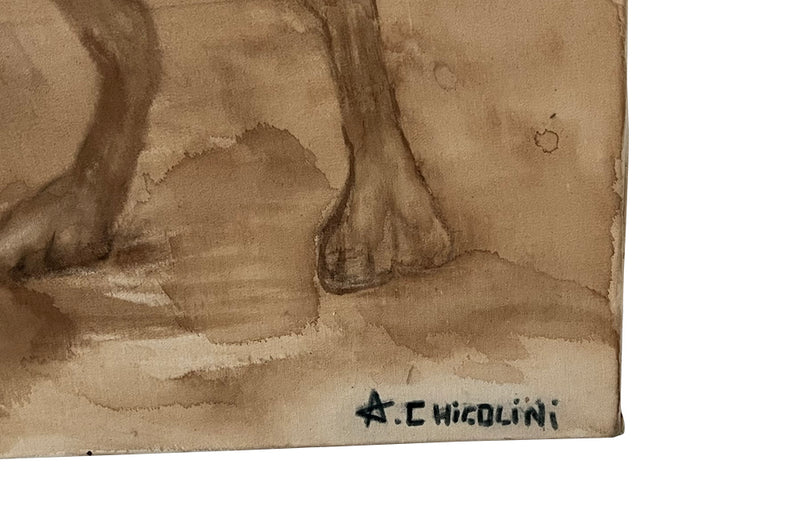 Large, Italian painting in sepia of a greyhound dog.