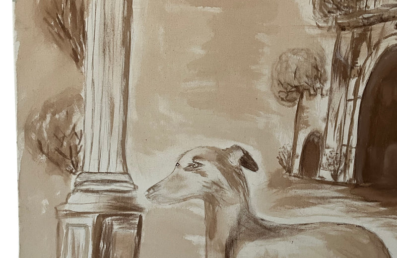 Large, Italian painting in sepia of a greyhound dog.