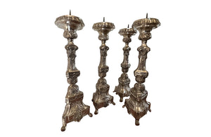 Set of four beautiful silverplate brass repoussé 19th century ecclesiastic pricket candlesticks