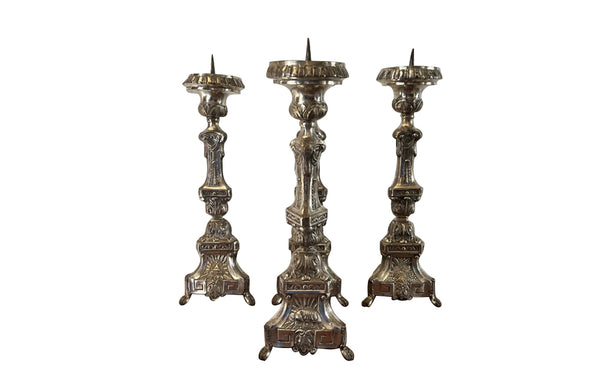 Set of four beautiful silverplate brass repoussé 19th century ecclesiastic pricket candlesticks