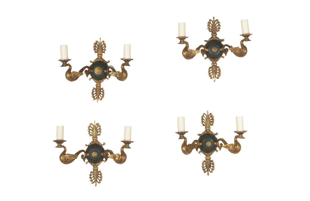 Set of four elegant 20th Century French bronze wall sconces in the Empire style