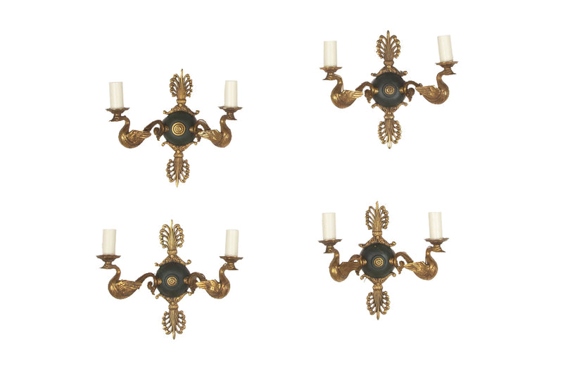 Set of four elegant 20th Century French bronze wall sconces in the Empire style