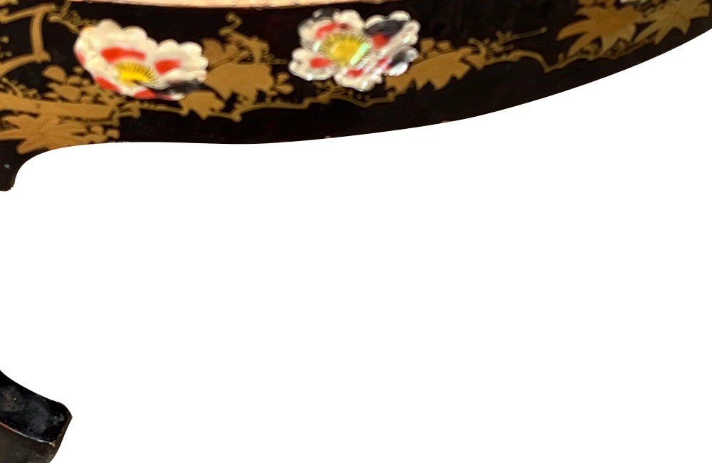 Mid-20th Century Chinoiserie tables black lacquer low tables inset with removable glass tops. 