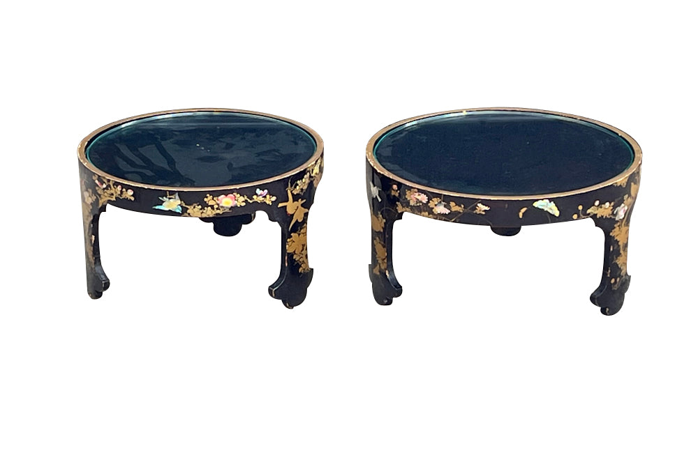 Mid-20th Century Chinoiserie tables black lacquer low tables inset with removable glass tops. 
