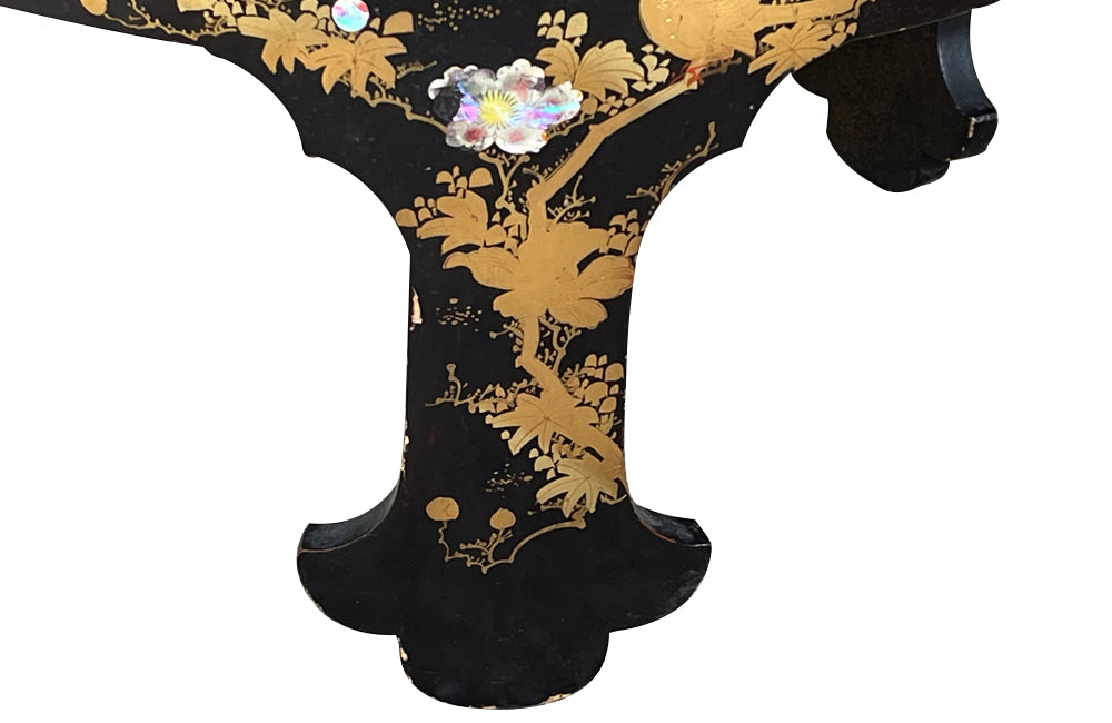 Mid-20th Century Chinoiserie tables black lacquer low tables inset with removable glass tops. 