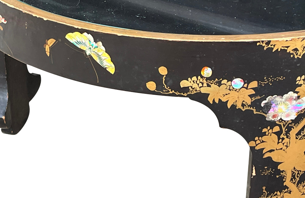 Mid-20th Century Chinoiserie tables black lacquer low tables inset with removable glass tops. 