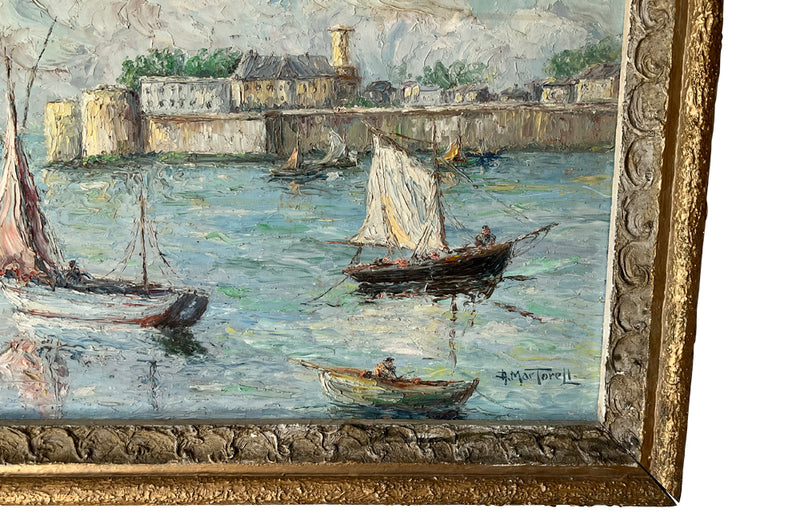 20th century framed oil on board of the fishing Port of Concarneau, Finistere, Brittany.
