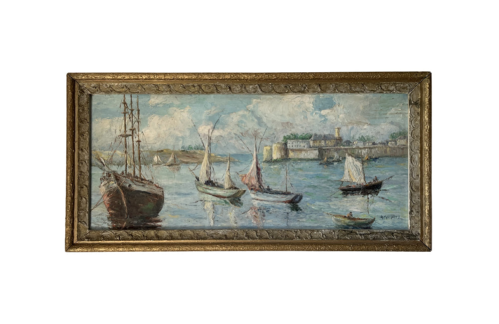 20th century framed oil on board of the fishing Port of Concarneau, Finistere, Brittany.