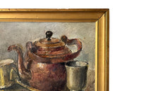 Late 19th Century French giltwood framed kitchen still life painting of a copper kettle with a lidded brass long-handled saucepan and beaker - French Antiques - AD & PS Antiques