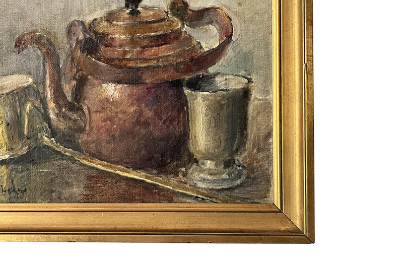 Late 19th Century French giltwood framed kitchen still life painting of a copper kettle with a lidded brass long-handled saucepan and beaker - French Antiques - AD & PS Antiques