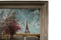 20th century signed, unrestored oil on canvas painting of the Eiffel Tower with a pair of Parisian lovers under an avenue of trees in Autumnal leaf along the River Seine.