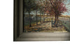 20th century signed, unrestored oil on canvas painting of the Eiffel Tower with a pair of Parisian lovers under an avenue of trees in Autumnal leaf along the River Seine.