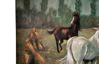 Signed oil on canvas painting of a pair of horses in a hay field with poplar trees and farmhouse 