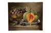 Beautiful 19th Century French oil on canvas painting of an open melon on a creamware plate with a basket of plum