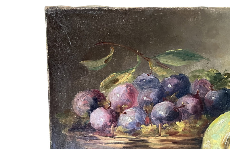 Beautiful 19th Century French oil on canvas painting of an open melon on a creamware plate with a basket of plum