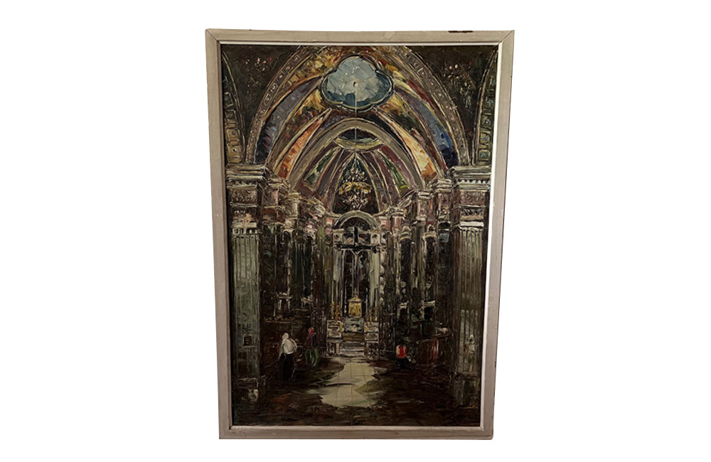 French 20th Century oil on canvas of the interior of a church signed by the artist André Salomon , known as Le Tropézien - French antiques
