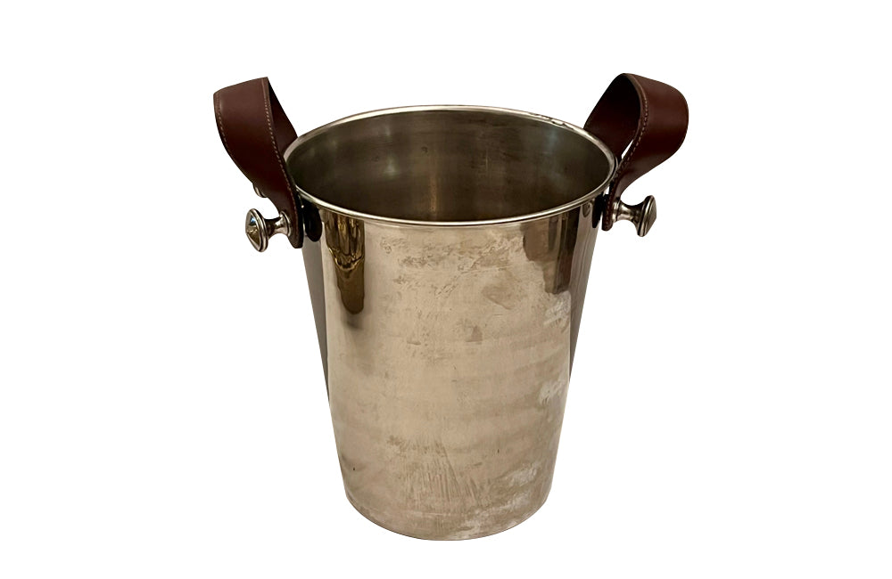 Champagne Bucket Mid-Century Silver Plate with Leather Handles