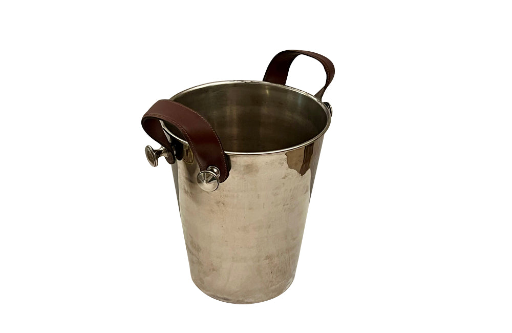 Champagne Bucket Mid-Century Silver Plate with Leather Handles