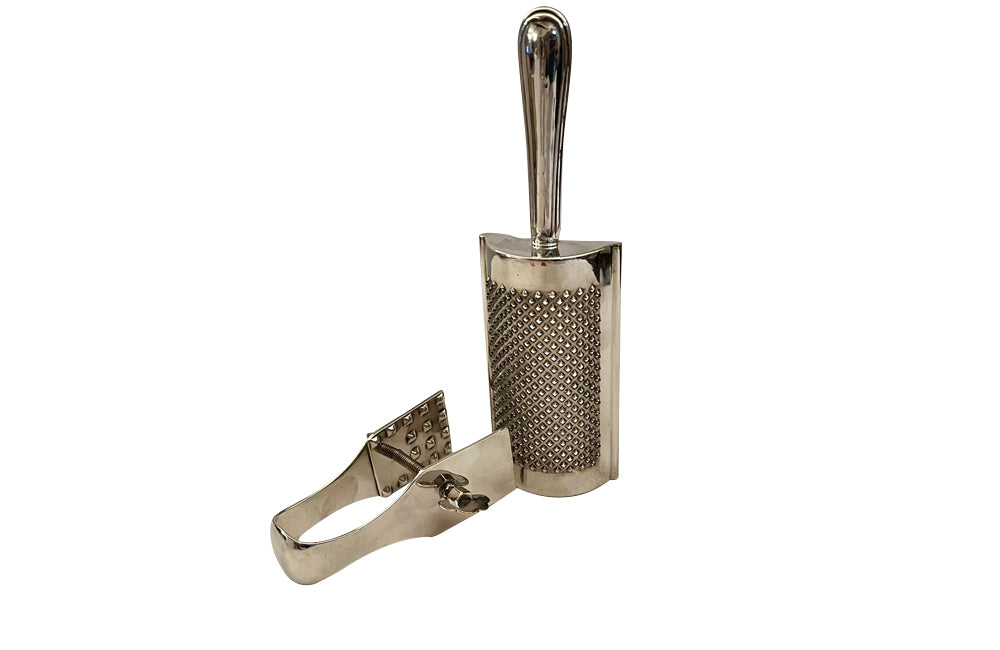 Elegant Mid-Century silver plate cheese clamp and grater set.