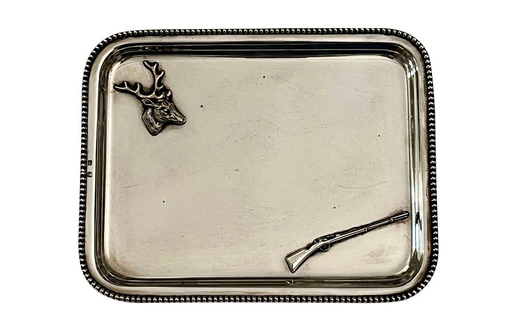 Small 20th Century French silver plated card trinket tray or vide poche decorated with deer and hunting gun