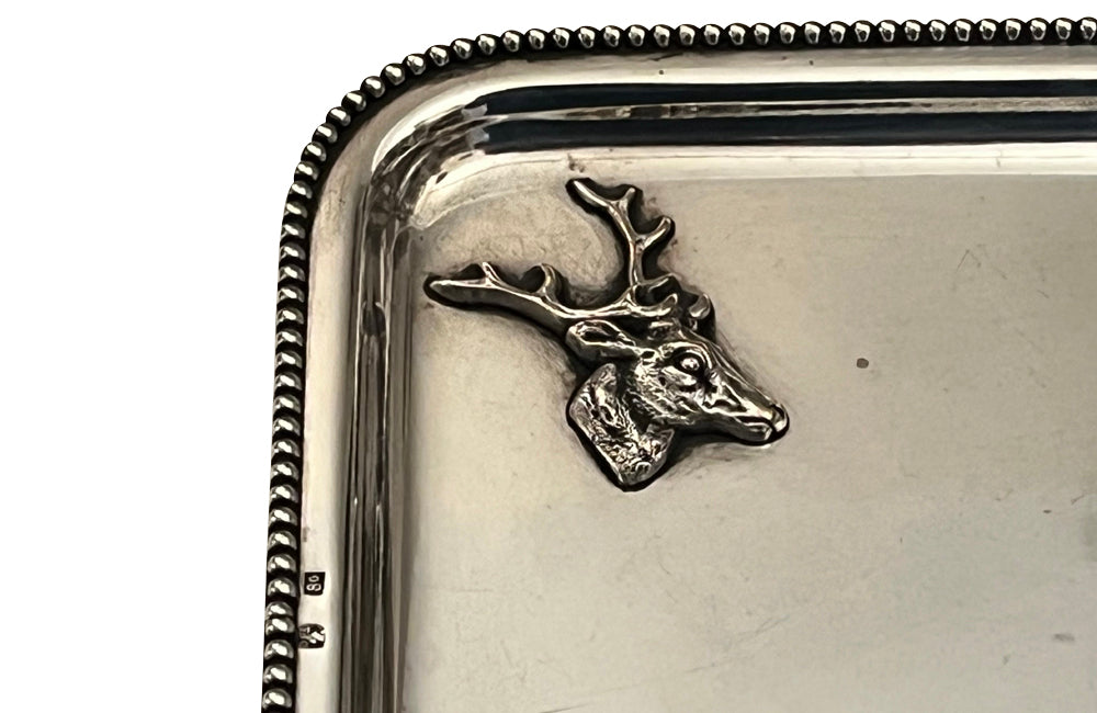Small 20th Century French silver plated card trinket tray or vide poche decorated with deer and hunting gun