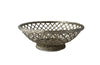20th century round French silver plate open weave bread basket with decorative rim in the Neo-Classical style on raised base. 