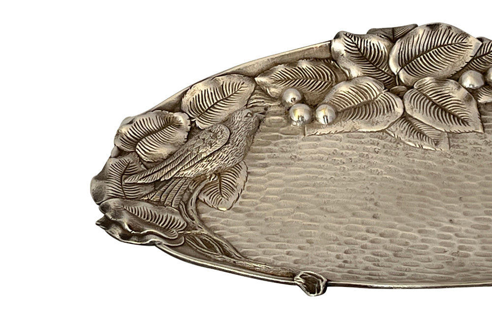 20th century charming small silver plate tray beautifully decorated with a pair of birds in a fruit cherry tree enjoying the berries. 