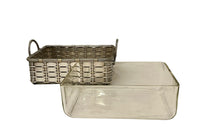 20th century elegant French silver plate basket with rectangular handles and glass insert .