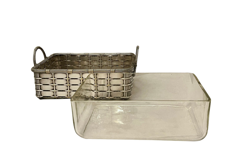 20th century elegant French silver plate basket with rectangular handles and glass insert .