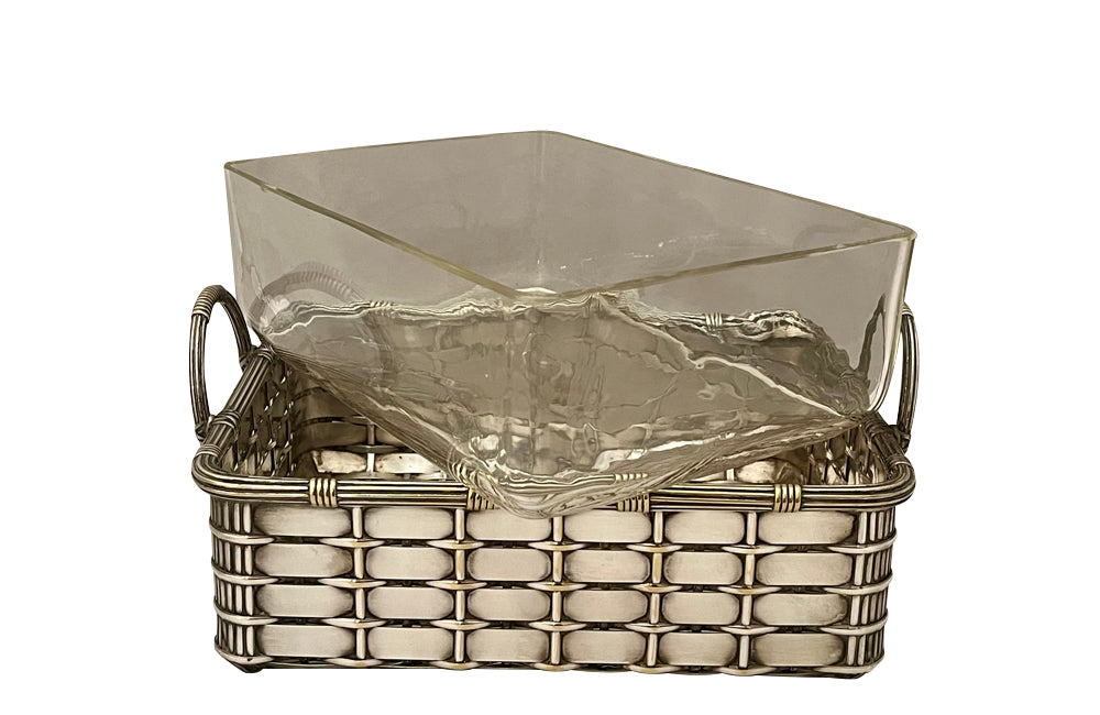 20th century elegant French silver plate basket with rectangular handles and glass insert .