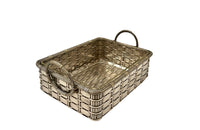 20th century elegant French silver plate basket with rectangular handles and glass insert .