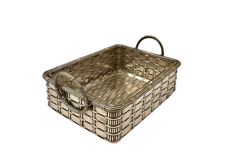 20th century elegant French silver plate basket with rectangular handles and glass insert .