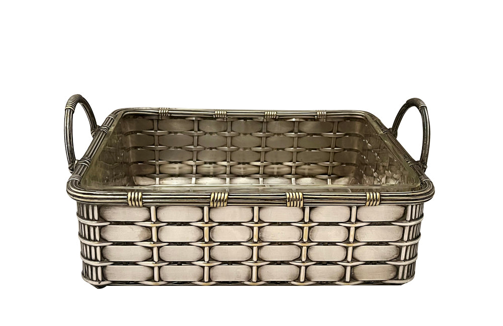 20th century elegant French silver plate basket with rectangular handles and glass insert .