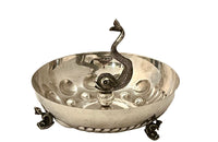 Decorative silver plate bowl with central dolphin finial on three raised feet also in the form of dolphins circa 1970