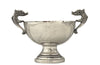 Decorative silver plate bowl with dolphin handles on raised foot and stamped with makers mark B.R. 