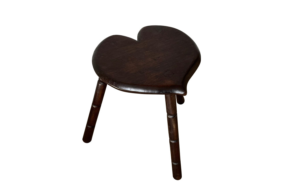 Charming vintage tripod milking stool with heart shaped seat. Circa 1960 - French Antique Furniture